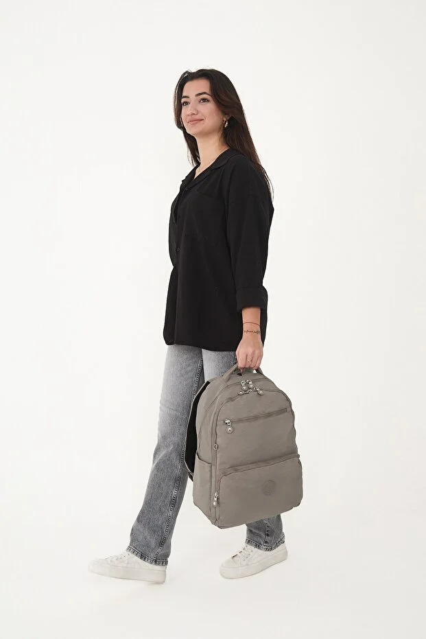 Sanmorris 3060 Unisex Suya Dayanıklı Orta Boy Krinkıl Kumaş Çok Gözlü  Laptop Okul Ve Seyahat Sırt Çantası  HAKİ — görsel 7