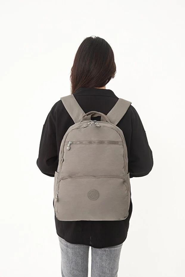 Sanmorris 3060 Unisex Suya Dayanıklı Orta Boy Krinkıl Kumaş Çok Gözlü  Laptop Okul Ve Seyahat Sırt Çantası  HAKİ