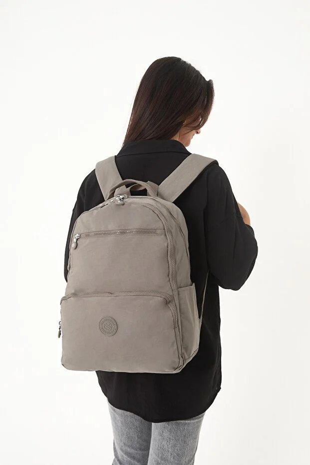 Sanmorris 3060 Unisex Suya Dayanıklı Orta Boy Krinkıl Kumaş Çok Gözlü  Laptop Okul Ve Seyahat Sırt Çantası  HAKİ — görsel 5