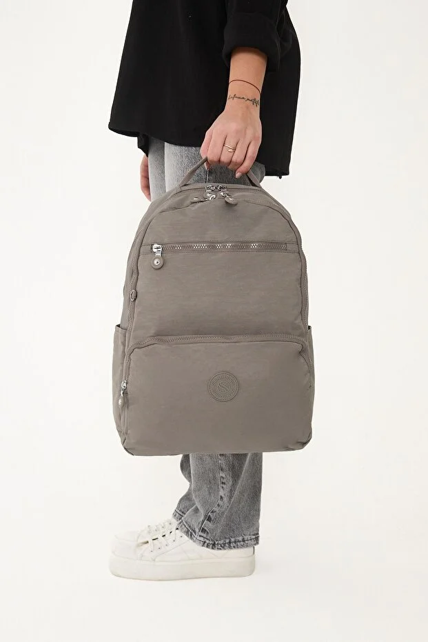 Sanmorris 3060 Unisex Suya Dayanıklı Orta Boy Krinkıl Kumaş Çok Gözlü  Laptop Okul Ve Seyahat Sırt Çantası  HAKİ — görsel 2