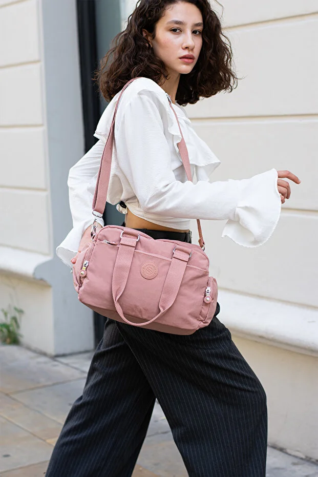 Sanmorris 3030 Unisex Krinkle Kumaş Omuz ve Çapraz Çanta PEMBE — görsel 3