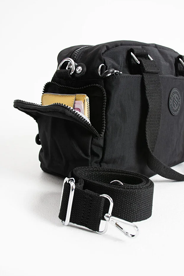 Sanmorris 3030 Unisex Krinkle Kumaş Omuz ve Çapraz Çanta SİYAH — görsel 4