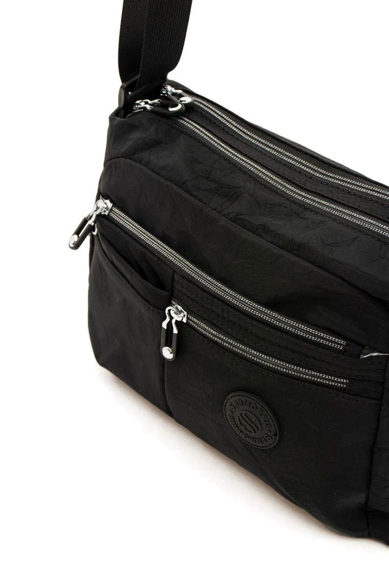 Sanmorris Kadın Çok Gözlü Suya Dayanıklı Krinkıl Kumaş Siyah Renkli Ayarlanabilir Çapraz Askılı Omuz Çantası — görsel 3